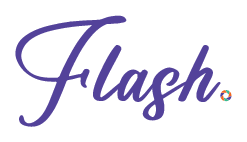 Photo of the word 'Flash' in a stylish purple script with a colorful circular design, similar to the official logo of Flash & Vibe Photobooth.