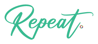 Photo of the word 'Repeat' in a stylish seafoam green script with a colorful circular design, similar to the official logo of Flash & Vibe Photobooth.