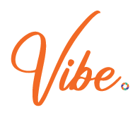 Photo of the word 'Vibe' in a stylish orange script with a colorful circular design, similar to the official logo of Flash & Vibe Photobooth.