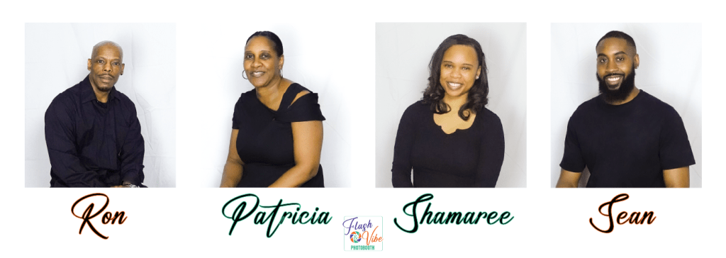 Group photo of the Flash & Vibe team, featuring four members: Ron, Patricia, Shamaree, and Sean, all wearing black attire and smiling, against a white background.